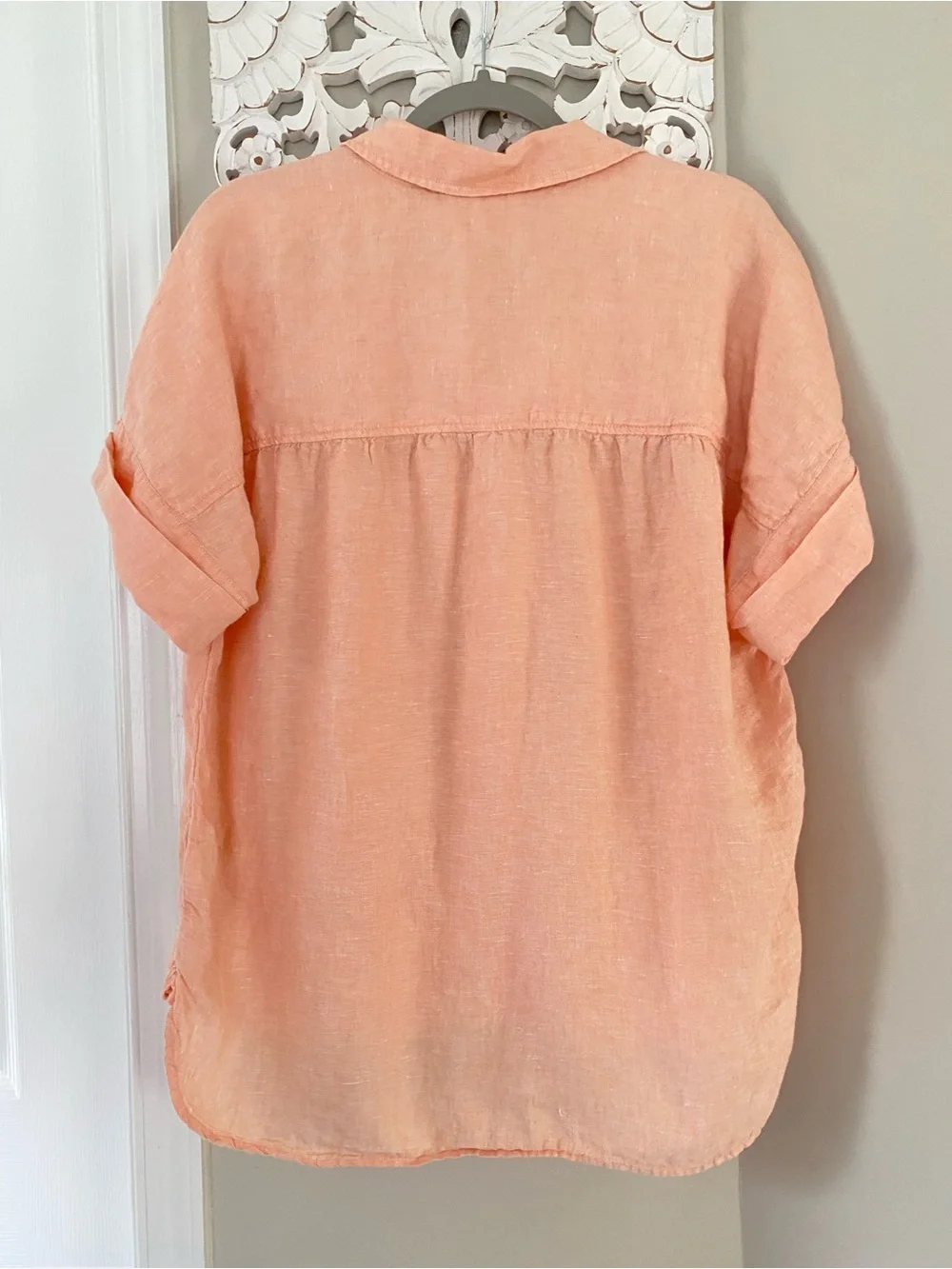 J.Crew Relaxed Fit Baird McNutt Irish Linen Blouse Top Peach Coral L Boho